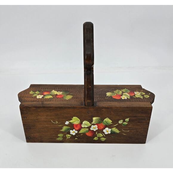 Vintage Hand-Painted Cottagecore Strawberry Wooden Sewing or Recipe Box - Picture 4 of 8